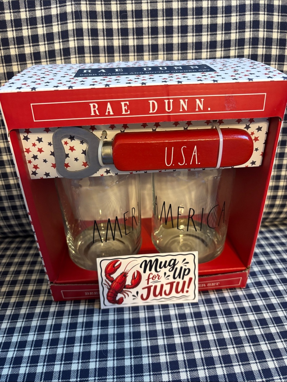 Rae Dunn Red U.S.A. Bottle Opener with America Glasses Set